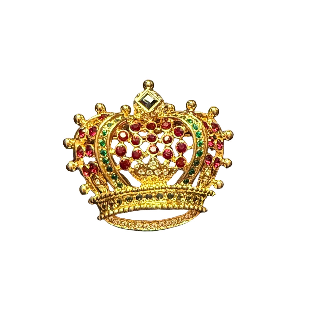 Vintage Kenneth Jay Lane Goldtone Crown Brooch with Red and Green Rhinestones